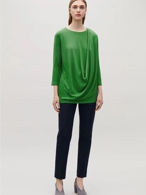 COS GREEN DRAPED JERSEY 3/4 SLEEVE LONG TOP SZ MEDIUM